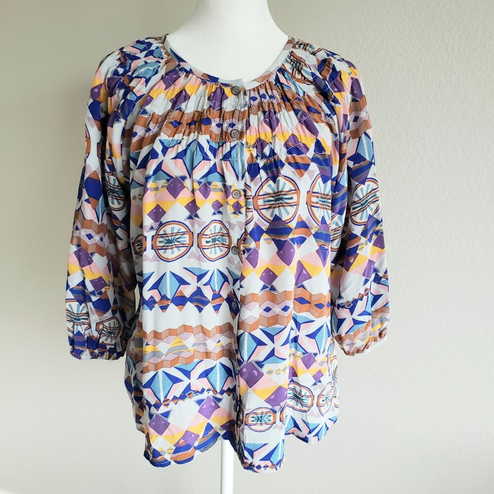 Tucker Silk Blouse Top Abstract Geometric Button Front Smocked Relaxed Size P